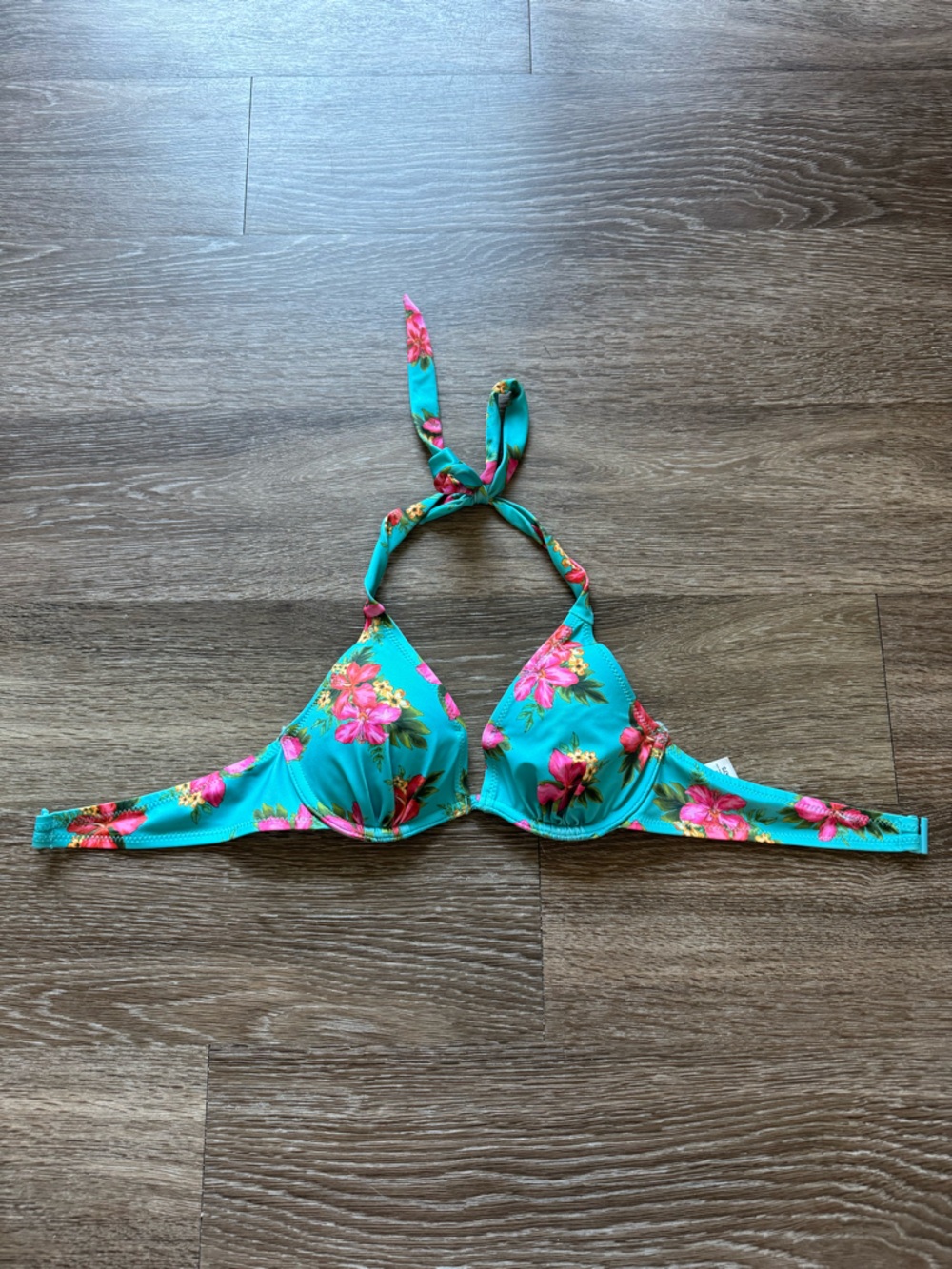 Turquoise Floral Bikini Top with Pink Flowers